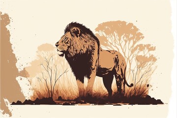 Lion standing with imposing pose, landscape in the background, African savannah. AI digital illustration