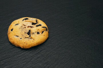 One chocolate chip cookie on a black background. Homemade chocolate chip cookies. Delicious pastries and a quick snack. Sweet dessert in the form of cookies with chocolate. Free space for text