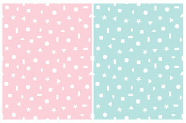 Simple Geometric Seamless Vector Pattern. White Abstract Elements Isoletad on a Light Pink and Light Mint Blue Background. Repeatable Print with White Circle, Star, Triangle and Squares.	