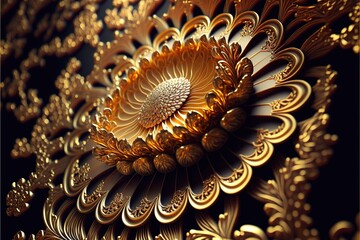 Macro view of a colorful 3d intricately carved embroidered art, mexican traditional style, golden thread. Generative AI