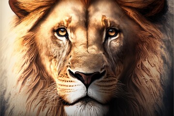 Lion face standing still with imposing pose. AI digital illustration