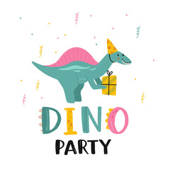 Happy birthday. Lovely vector illustration with funny dinosaur and gift. Hand drawn print, greeting card or poster for children room decoration. Flat cartoon dino character and lettering