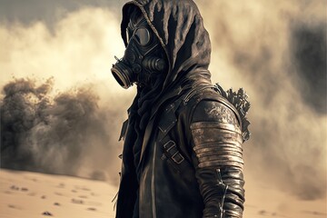 Fototapeta premium Man in hood leather jacket and gas mask, desert in the background. AI digital illustration