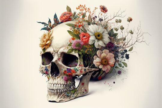 Skull painting with flowers, white background. Digital illustration. Generative AI