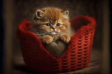 Fototapeta na wymiar Cute kitten in a Wicker basket, Valentine's Day wallpaper Ai generated digital art.