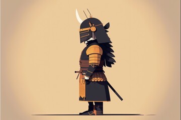 Samurai warrior with armor and sword, beige background, minimalist illustration. Generative AI