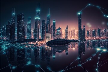 Raster illustration of the night modern city. Cyberpunk, buildings, skyscrapers, neon glow, science fiction, artificial intelligence. Technology concept. 3d raster illustration for business. AI