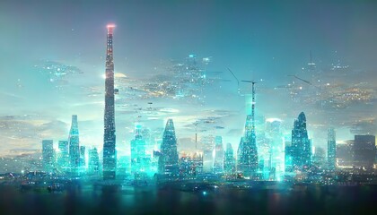 Fototapeta na wymiar Raster illustration of the night modern city. Cyberpunk, buildings, skyscrapers, neon glow, science fiction, artificial intelligence. Technology concept. 3d raster illustration for business. AI
