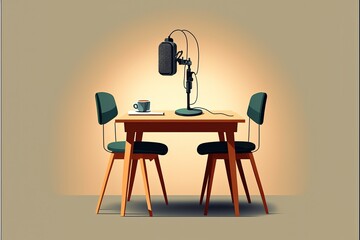 Chairs and table with microphone for podcast, gradient background. digital illustration AI