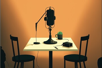 Chairs and table with microphone for podcast, gradient background. digital illustration AI