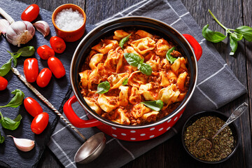 tortellini in ground beef tomato sauce, top view