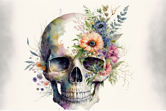 Skull painting with flowers, white background. Digital illustration. Generative AI