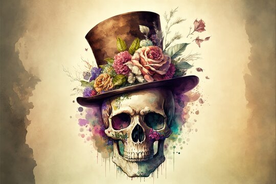 Skull painting with top hat and flowers. Digital illustration. Generative AI