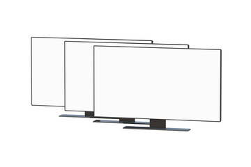 Three flat wide TV with white screen isolated on white background. 4k blank monitor. Widescreen for presentation. lcd panel. 3d render