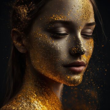 A fictional portrait of woman with gold glitter makeup - generative ai