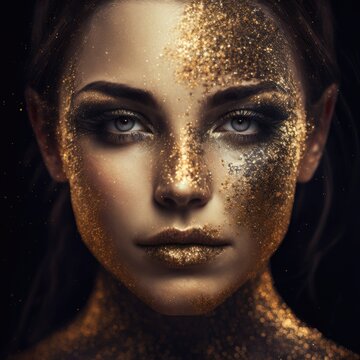 Gold makeup, face glitter or woman with luxury eyeshadow, cosmetics product  and skincare glow. Beau Stock Photo by YuriArcursPeopleimages