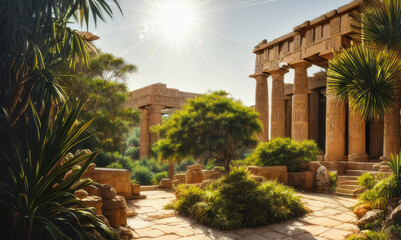 Fototapeta na wymiar ancient Roman and Egyptian ruins surrounded by lush vegetation - Generative AI