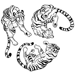 Black and white vector tiger. Tiger in motion.