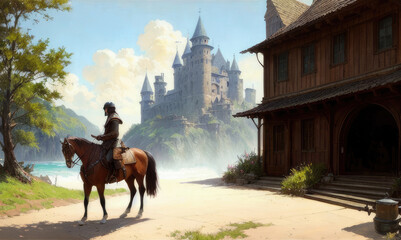 horseman in front of a castle, medieval scene - Generative, AI