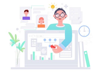 The guy sits at his desk with his laptop. Business. Computer