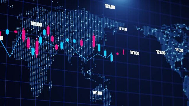 Stock market chart, beautiful animation on world map background. Market chart and histogram, Cryptocurrency chart online. Eth and btc quotes on the exchange. Trading and earnings, exchange rates