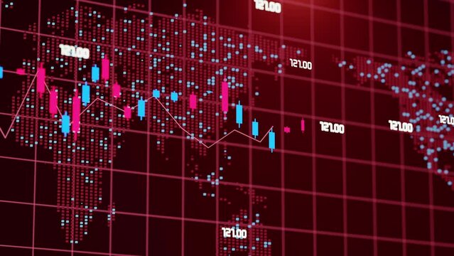 Stock market chart, beautiful animation on world map background. Market chart and histogram