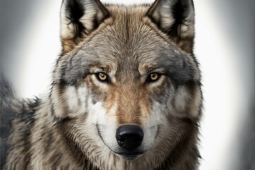 Fototapeta premium Wolf with intimidating look, wolf face with white background. Generative AI