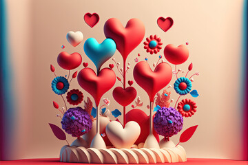 Valentines day gift love illustration with hearts and flowers. Wedding banner. . Generative AI