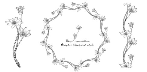 A set of graphic floral compositions with black and white delicate flowers