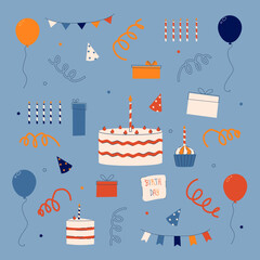 Cartoon birthday party decorations. Gifts presents, sweet cupcakes and celebration cake. Colorful balloons, carnival celebration and candles. Isolated vector illustration icons set