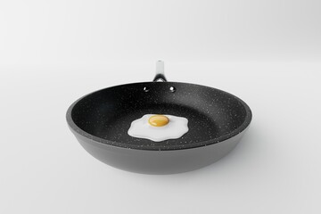 Pan with a fried egg on a light background. The concept of preparing a dish with egg, frying an egg in a pan. 3d render, 3d