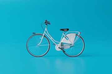 Fototapeta premium White bicycle on a blue background. Concept of cycling, environmental protection and keeping fit. 3D rendering, 3D illustration.