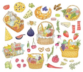 Picnic baskets set, food and drinks