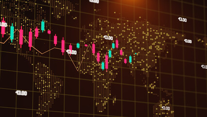 Financial statistics of the stock market against the background of the world map, stock prices, online trading data. Electronic chart with stock market fluctuations