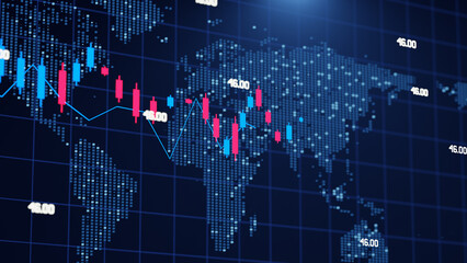 Stock market chart, beautiful animation on world map background. Market chart and histogram, Cryptocurrency chart online. Eth and btc quotes on the exchange. Trading and earnings, exchange rates - obrazy, fototapety, plakaty