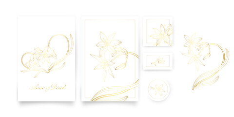 Fototapeta na wymiar A set of cards with a gold floral ornament. Romantic set