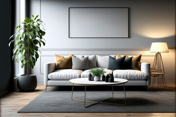 Modern living room scandinavian style, picture frame mockup. Generative AI