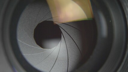 Camera lens iris blades opening, detail close macro