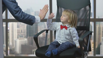 Parent and child give five, friendship gesture, businesses accord, office window