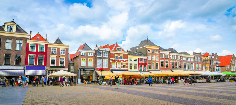 Traditional houses on Market square of old beautiful city Delft, Netherlands
