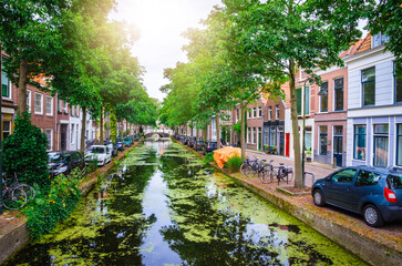 Streets and canals of old beautiful city Delft, Netherlands