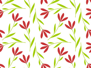 Seamless flower pattern. Red flowers grow. Spring flowers for spring holiday design. Cartoon flat vector illustration for wallpaper, textile, packaging. Endless texture for easter and spring design