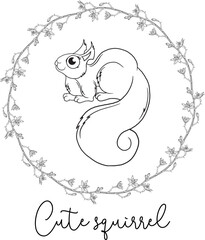 Outline cartoon illustration of a squirrel. Black and white drawing. Squirrel.