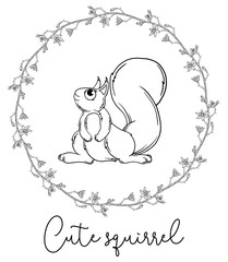 Outline cartoon illustration of a squirrel. Black and white drawing. Squirrel.