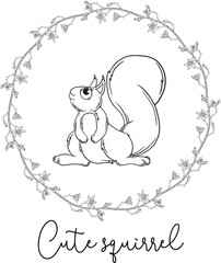 Outline cartoon illustration of a squirrel. Black and white drawing. Squirrel.