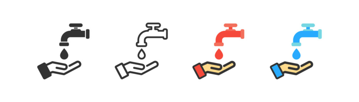 Hand under falling waterdrop out of tap icon. Washing hands symbol. Hygiene concept. Red hot and blue cold water sign. Outline, flat, and colored style. Flat design.