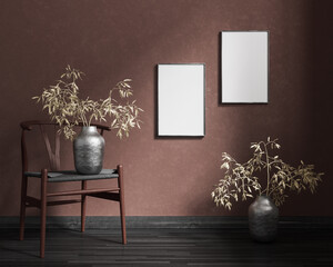 Modern dark interior with empty picture frame on the wall. Mockup template design. 3d render	