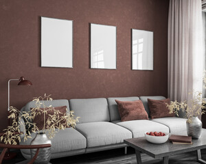 Modern dark interior with empty picture frame on the wall. Mockup template design. 3d render