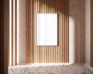 Modern interior with an empty picture frame on the wall. Mockup template design. 3d render