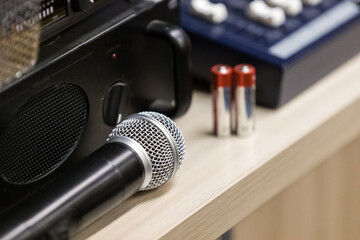 Microphone on the background of sound equipment